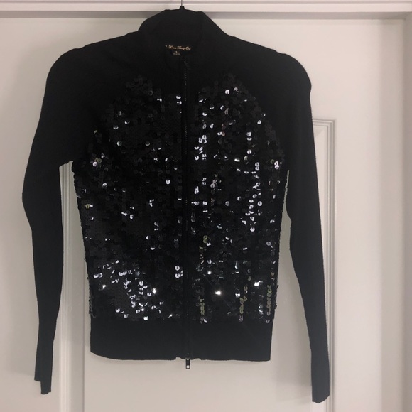 Black sequin sweater jacket. - Picture 1 of 4